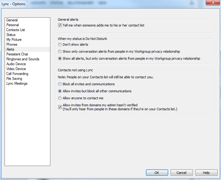 Lync client Options dialog, Alerts page