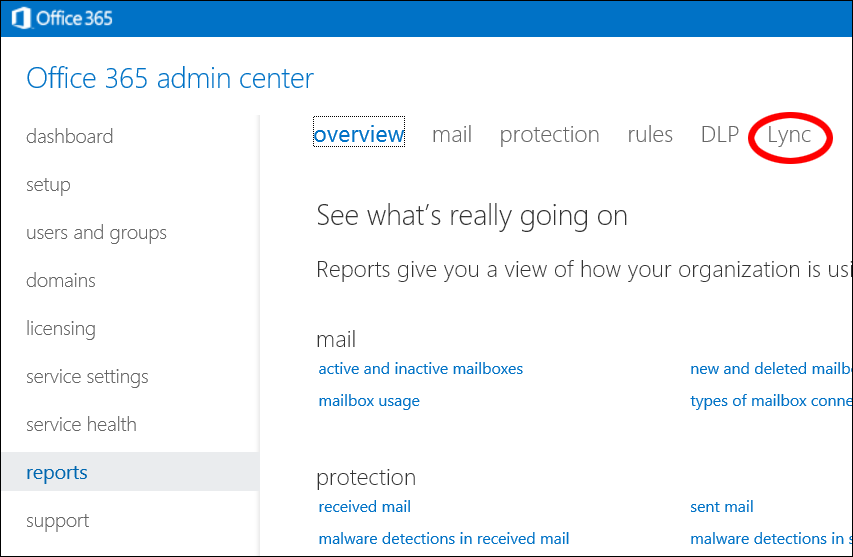 Admin center portal page Lync heading